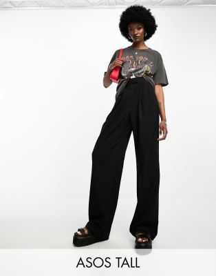 ASOS DESIGN Tall - Elegante Hose in Schwarz mit weitem Bein und Bundfalten