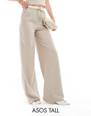 ASOS DESIGN Tall - Elegante Hose in Taupe mit weitem Bein, Kontrastbund und Streifen-Bunt