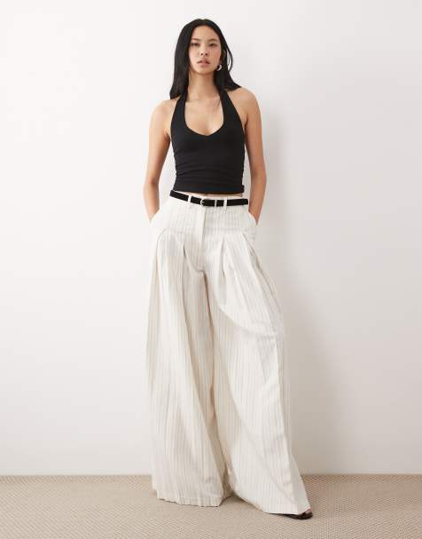 ASOS DESIGN Tall – Elegante Palazzo-Hose in Ecru mit Leinenanteil, Streifen und Gürtel  - view 1