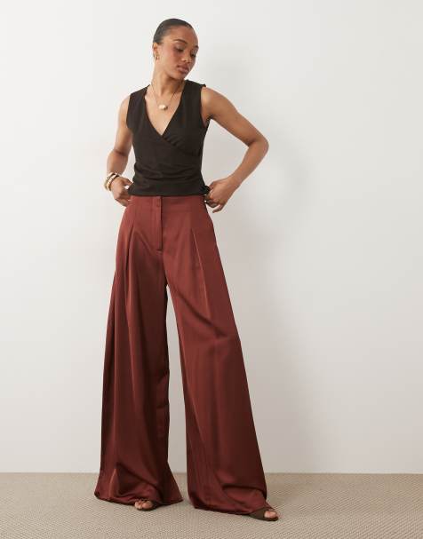 ASOS DESIGN Tall – Elegante Satinhose in Schokobraun mit weitem Bein - view 1