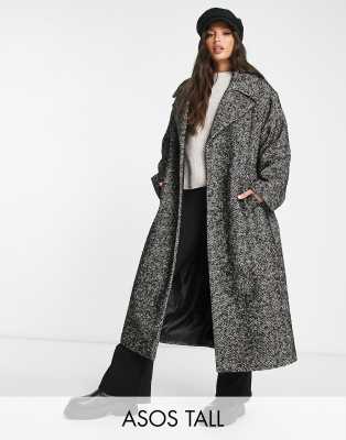 ASOS DESIGN Tall - Eleganter Mantel mit Bindegürtel und Fischgrätmuster in Schwarz und Weiß-Bunt