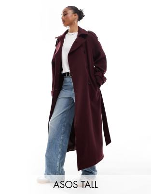 ASOS DESIGN Tall - Eleganter Trenchcoat aus Wollimitat in Burgunderrot-Rotbraun