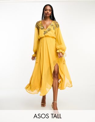 ASOS DESIGN Tall embellished floral and lattice detail midi dress with elasticated waist in mustard-Yellow