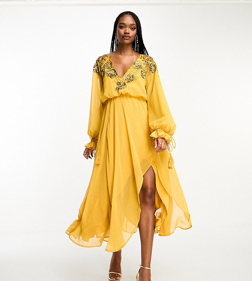 ASOS DESIGN Tall embellished floral and lattice detail midi dress with elasticated waist in mustard-
