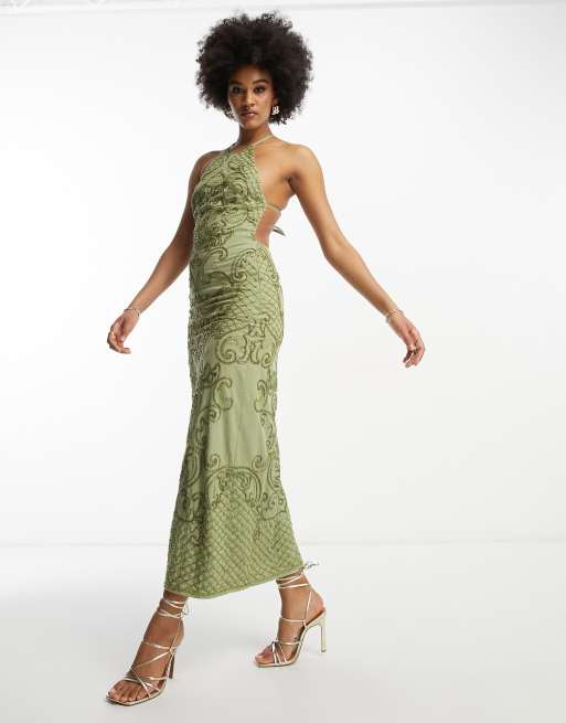 ASOS DESIGN Tall embellished high neck midi dress with mirror beading detail in khaki