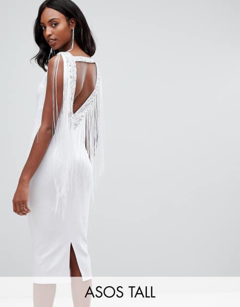 ASOS DESIGN Tall Embellished Scuba Fringe Back Midi Bodycon Dress