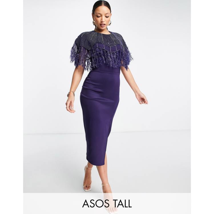 ASOS DESIGN Tall embellished scuba pearl faux feather midi dress in  midnight blue