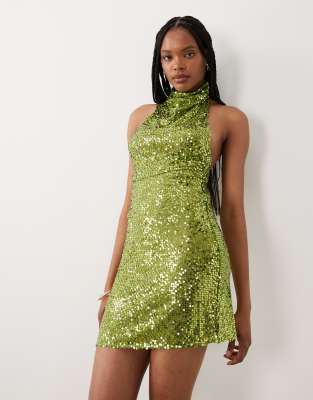 Asos Tall Asos Design Tall Embellished Sheer Scatter Sequin Halter Mini Dress In Green