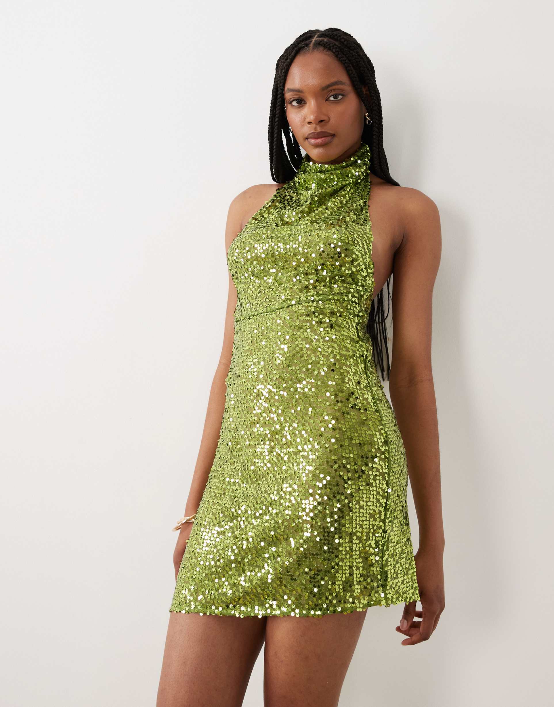 asos design tall embellished sheer scatter sequin halter mini dress in green