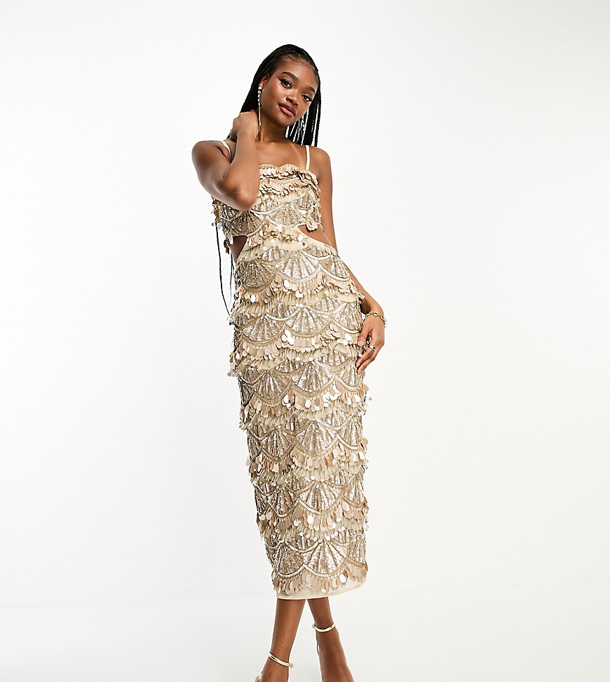 ASOS DESIGN Tall embellished teardrop sequin midi dress with cut out waist detail in cream-White