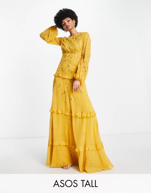 ASOS DESIGN Tall embellished tiered maxi dress with wild bloom floral embrodiery in mustard