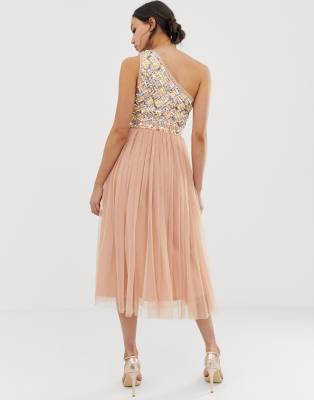 asos design embellished open back tulle midi dress