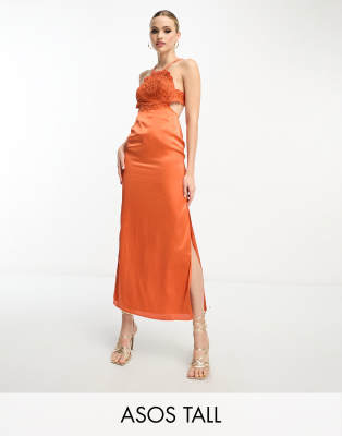 Asos Tall Asos Design Tall Embroidered Bodice Satin Bias Midi Dress With Open Back In Rust-brown