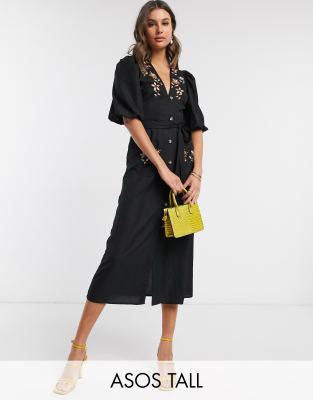 asos design embroidered midi button through tea dress