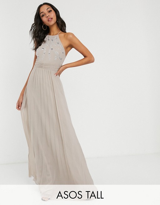 ASOS DESIGN Tall embroidered halter pleated maxi dress