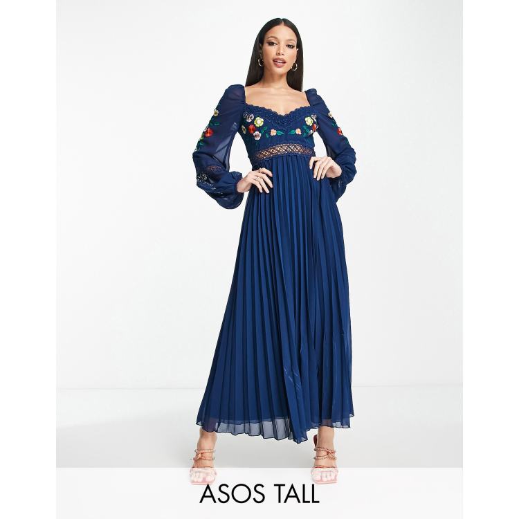 Asos design pleated high best sale neck midi dress with embroidery