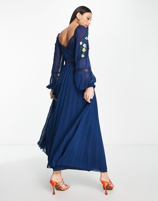 Navy Long Sleeve Maxi Dress | Toni Pleated Maxi Dress