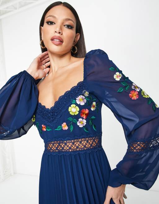 Navy Floral Long Sleeve Pleated Midi Dress