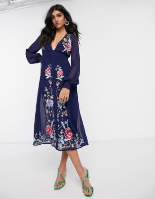 asos design long sleeve embroidered midi dress