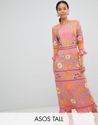 asos design long sleeve embroidered midi dress