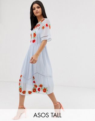 ASOS DESIGN Tall embroidered midi smock dress with ladder trims