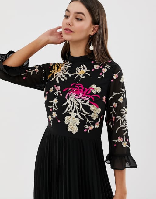 ASOS DESIGN Tall embroidered pleated midi dress with fluted sleeve