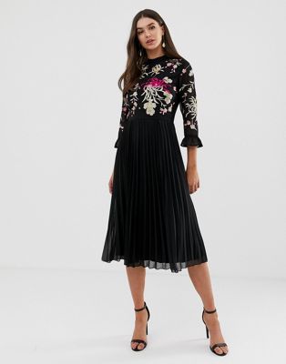 asos design embroidered pleated midi dress with fluted sleeve
