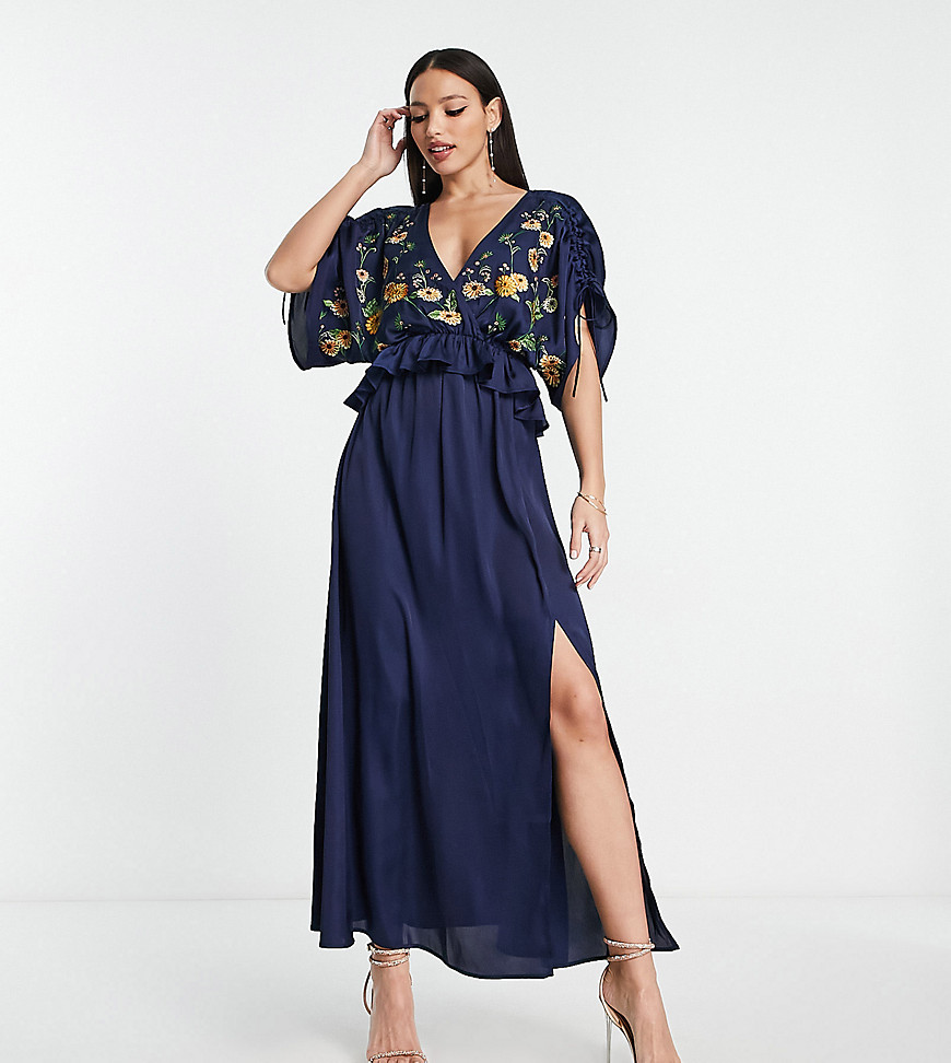 Asos Tall Asos Design Tall Embroidered Satin Midi Dress With Frill Waist In Navy