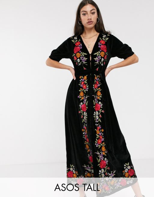 ASOS DESIGN Tall embroidered velvet midi tea dress | ASOS