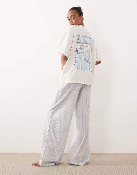 ASOS DESIGN Tall ensemble pyjama haut oversize à manches courtes brodé et pantalon tissé à rayures bleu - view 1
