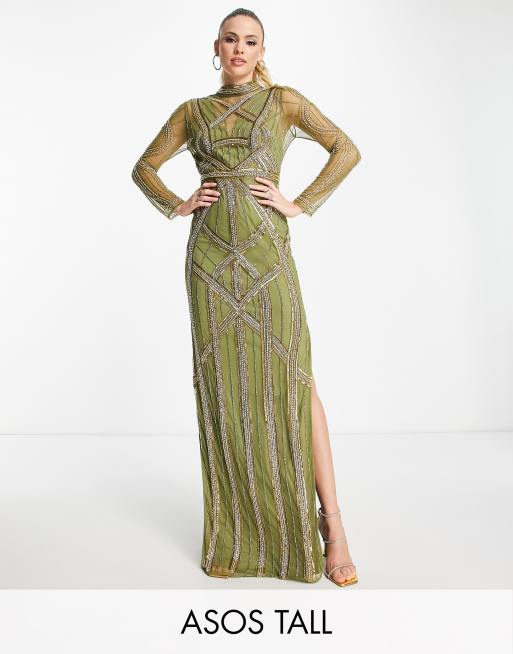 ASOS DESIGN Tall ergonomic embellished maxi dress in khaki