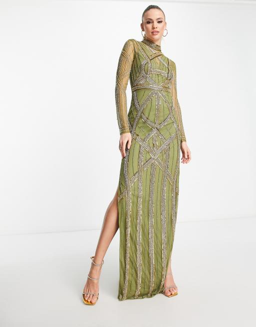 ASOS DESIGN Tall – Ergonomic – Zdobiona sukienka maxi w kolorze khaki, 3 z 4