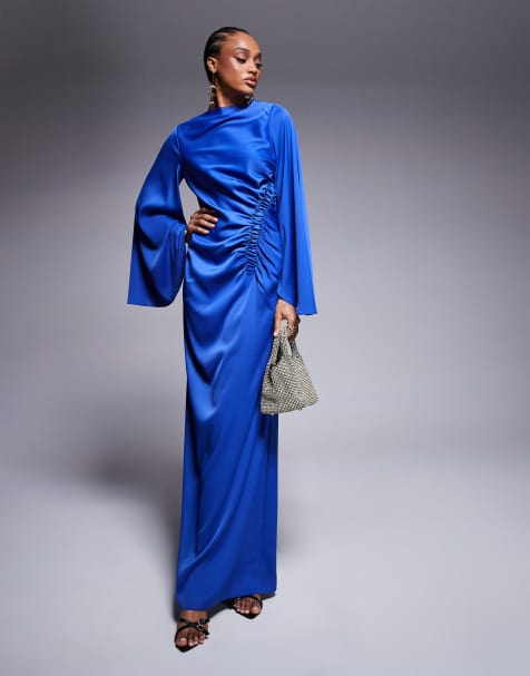 ASOS DESIGN Tall exaggerated sleeve bias maxi dress with ruched waist in cobalt blue - view 1