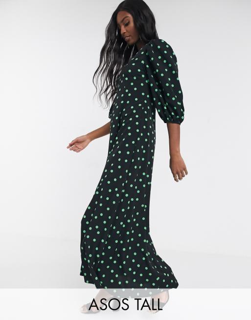 ASOS DESIGN Tall Exclusieve lange A lijn jurk met pofmouwen en stippen