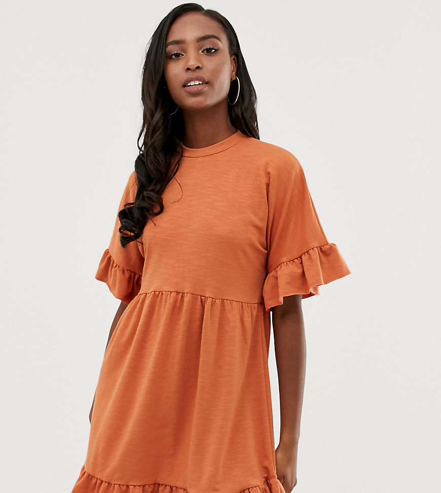 ASOS DESIGN Tall - Exclusieve mini-jurk van sweatstof met mouwen met ruches-Oranje