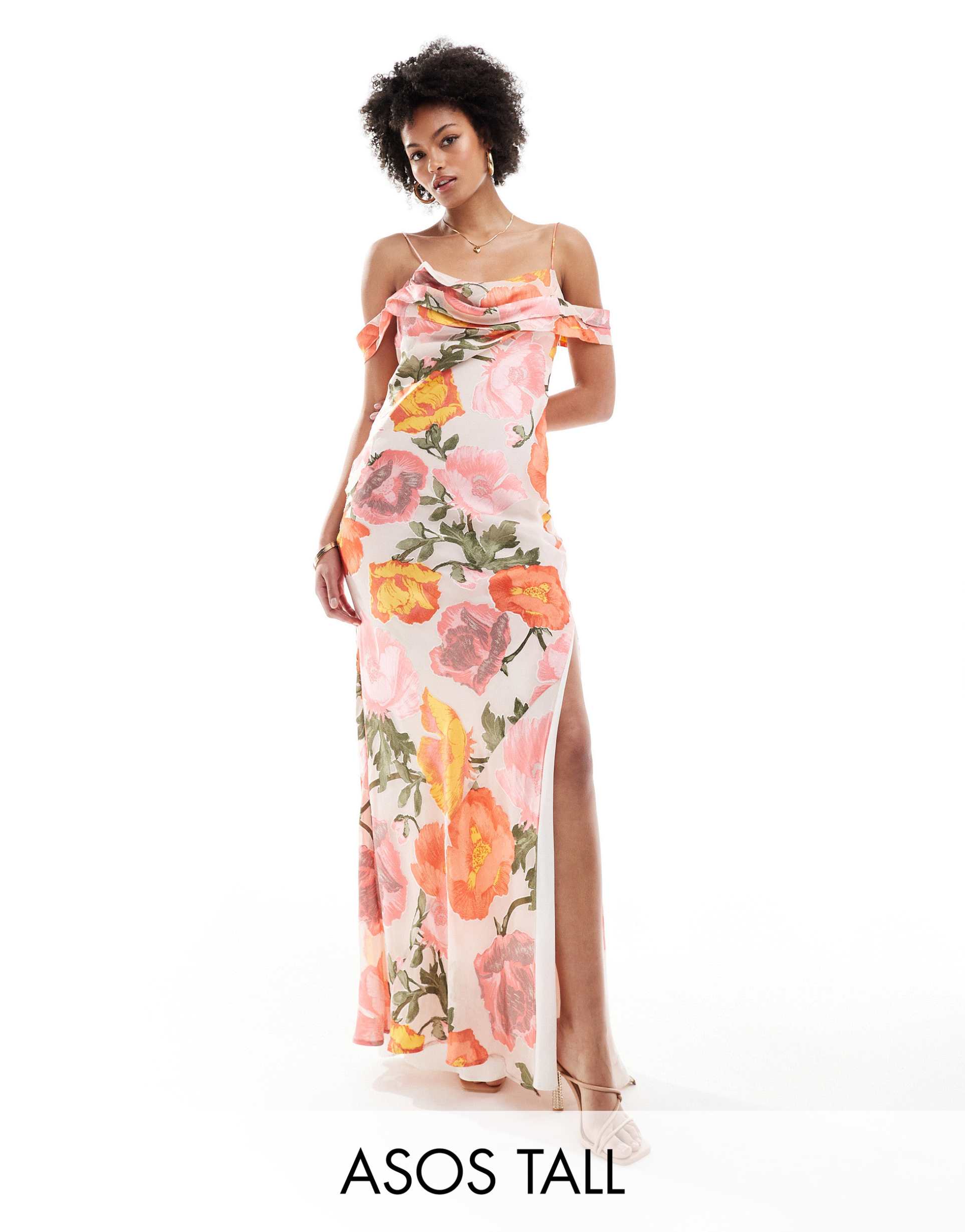 asos design tall exclusive cami cowl maxi dress with cold shoulder in burnout print