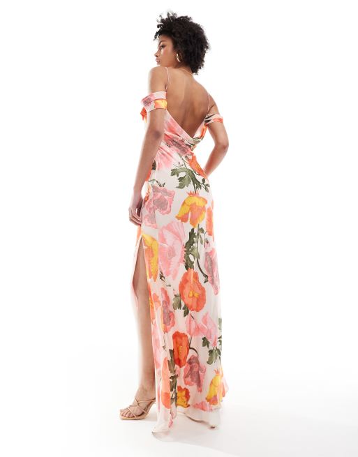 ASOS DESIGN Tall Exclusive cami cowl maxi dress with cold shoulder in burnout print