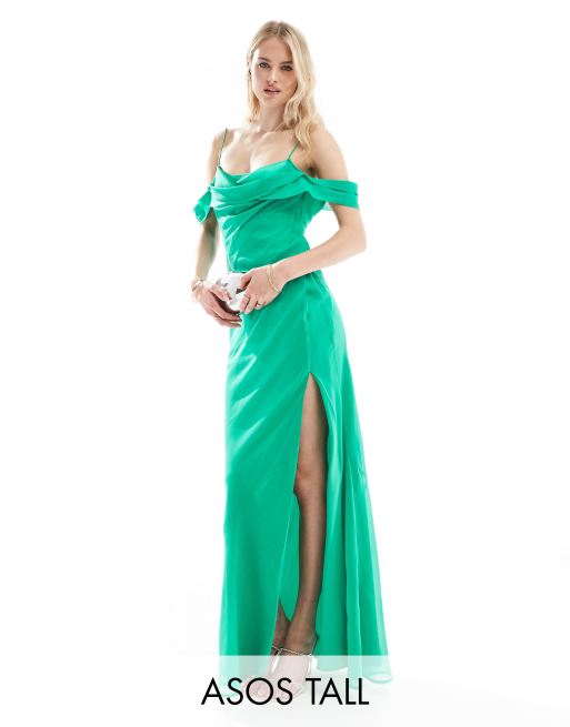 ASOS DESIGN Tall Exclusive cami cowl maxi dress with cold shoulder in green ASOS