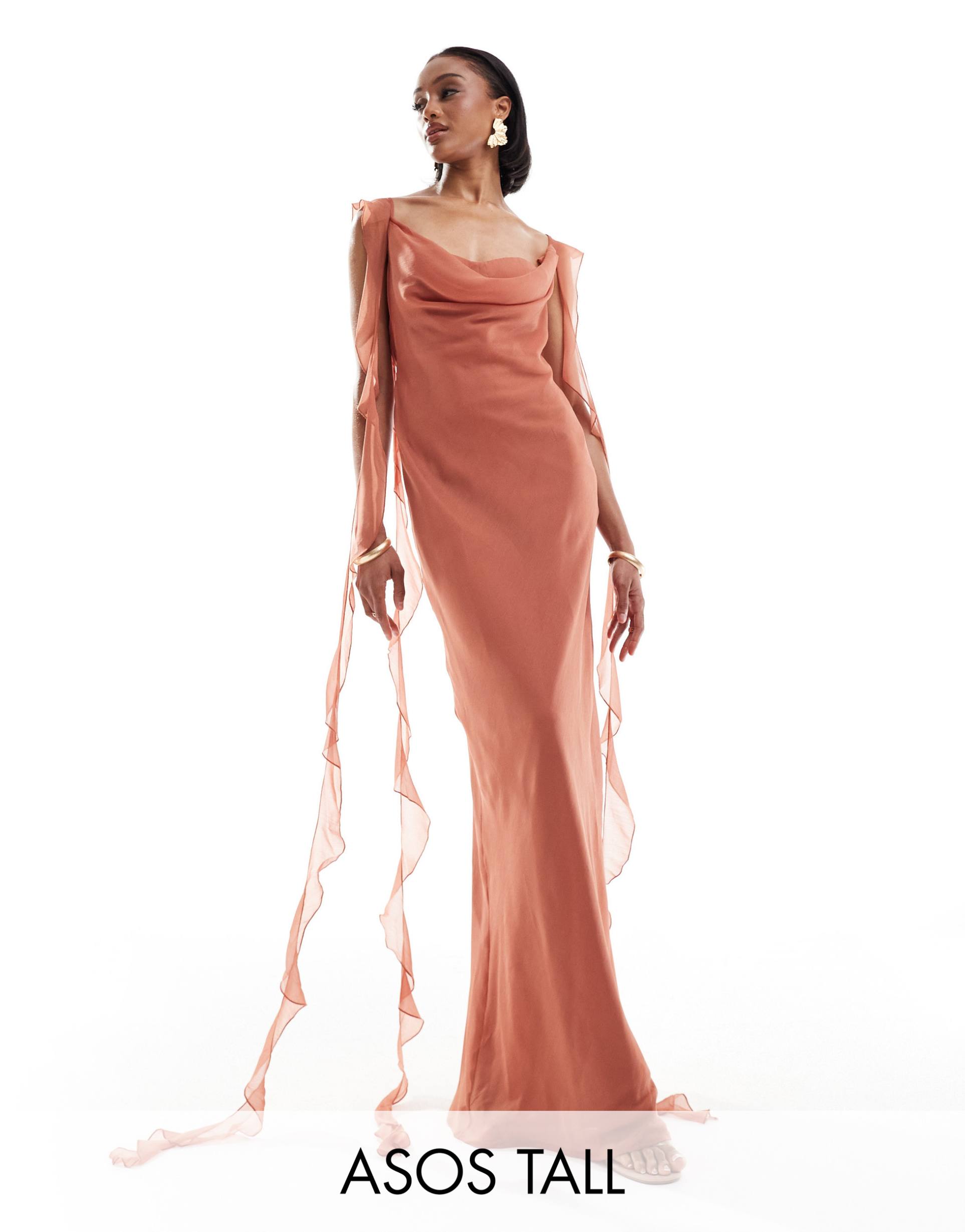 asos design tall exclusive cowl neck maxi dress with frill detail in dusky rose