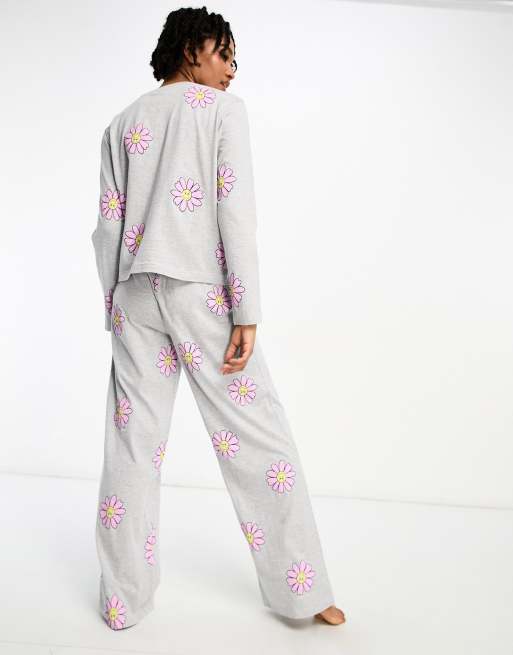 ASOS DESIGN Tall exclusive flower long sleeve top pants pajama set in gray heather