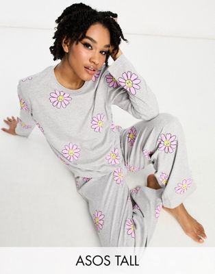 ASOS DESIGN Tall exclusive flower long sleeve top & trouser pyjama set in grey marl