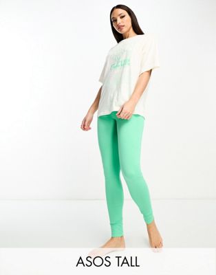 ASOS DESIGN Tall exclusive flower placement oversized tee & legging pyjama set in cream & green