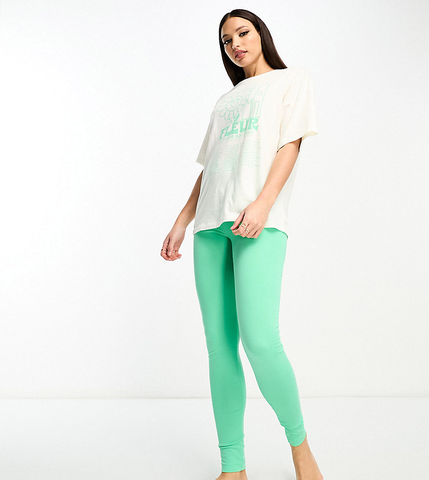 ASOS DESIGN Tall exclusive flower placement oversized tee & legging pyjama set in cream & green-Multi