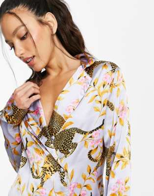 Asos Design Tall Exclusive Leopard Botanical Satin Pyjama Set In Lilac Asos