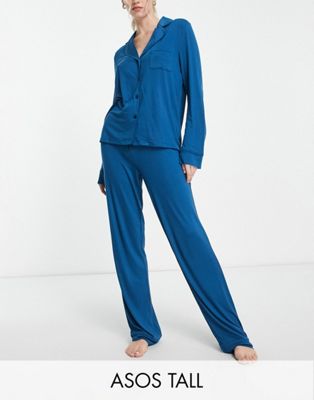 ASOS DESIGN Tall exclusive long sleeve shirt & trouser pyjama set with contrast piping in teal