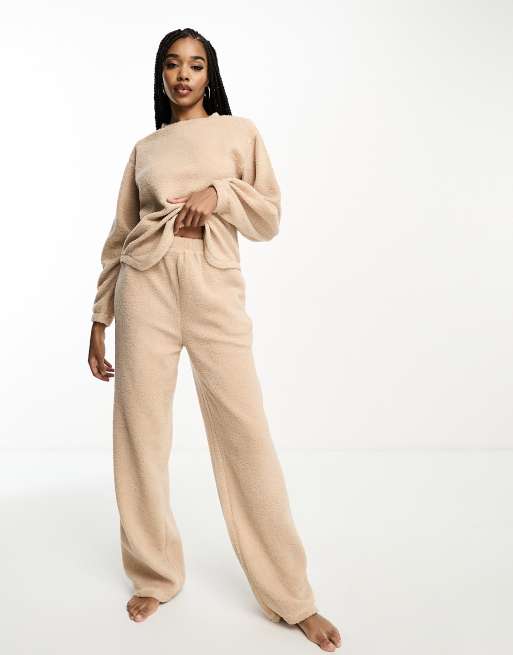 ASOS DESIGN Tall exclusive lounge borg sweatshirt & wide leg pants set in  camel