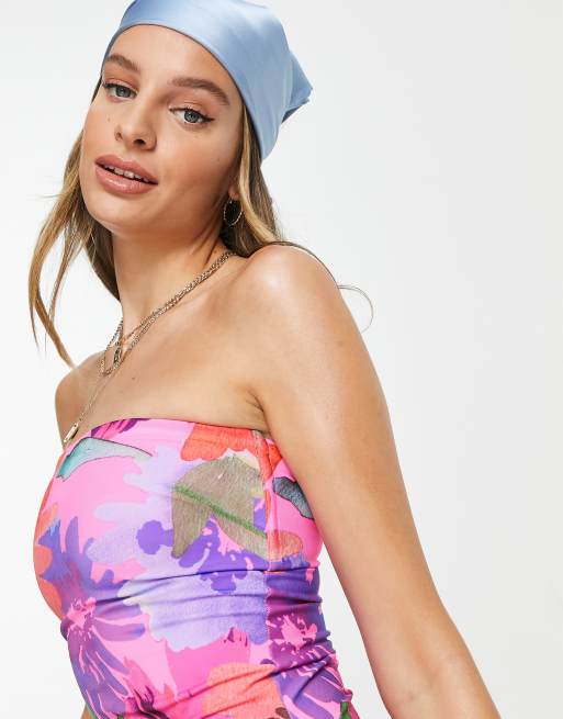 ASOS DESIGN Tall exclusive mesh bandeau swimsuit in abstract floral print, 3 of 4