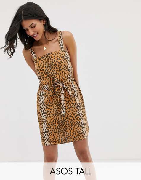 ASOS DESIGN Tall Exclusive mini square neck sundress with ruched drawstring waist in leopard print