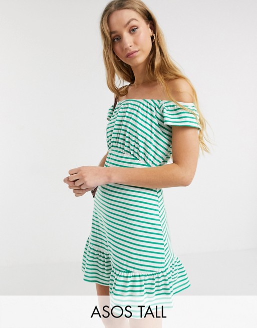 ASOS DESIGN Tall Exclusive off shoulder mini sunsundress in green and white stripe