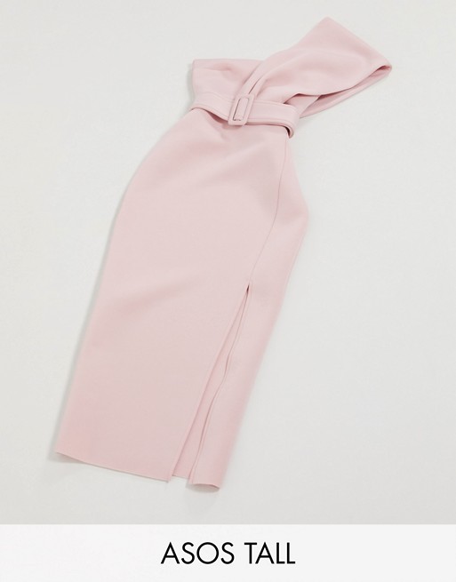 ASOS DESIGN Tall exclusive one shoulder belted scuba midi pencil dress in rose